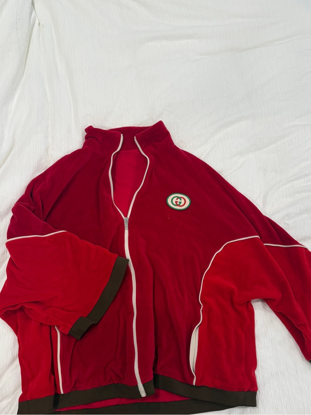 Gucci Red Velour Zip-Front Track Jacket with Crest